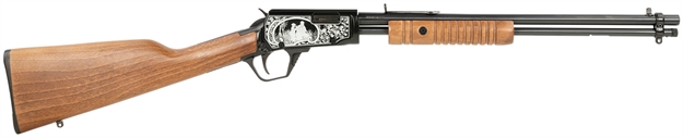 Picture of  Rossi Rp22181wden16 Gallery  Full Size 22 LR 15+1, 18" Polished Black Steel Barrel Polished Black W/Father And Son Hunting Scene Engraving Steel Receiver, Hardwood Fixed Stock, Right Hand