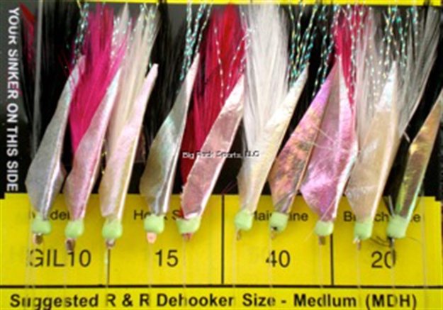 Picture of R&R Sabiki Goggle Eye Rig 10Hk Wht/Blk/Pink Feather W/Flash Skin & Glow #15 SS Hks 40Lb/20Lb