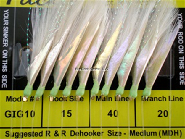Picture of R&R Sabiki Goggle Eye Rig 10Hk Wht Feathers W/Flash Skin & GL Bds #15 Gold Hks