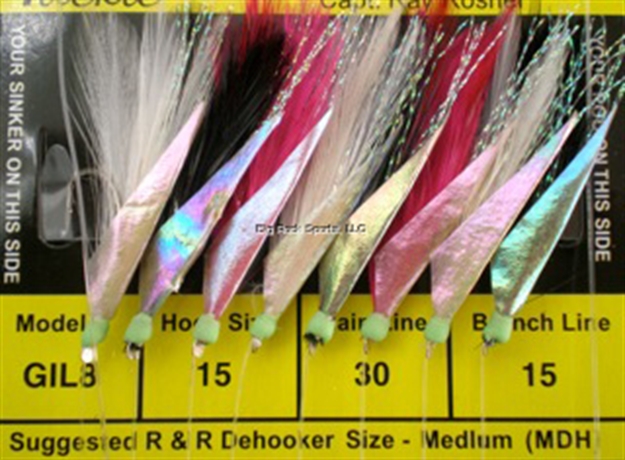 Picture of R&R Sabiki Goggle Eye Rig 8Hk Wht/Blk/Pink Feather W/Flash Skin & Glow #15 SS Hks/30Lb/15Lb