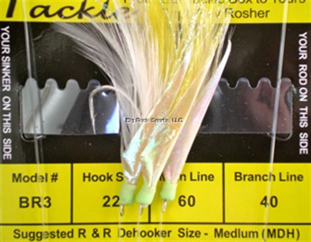 Picture of R&R Sabiki Hvy Blue Runner Rig 3Hk 2Wht/1Yel Feather/Grn GL Heads Size #22 SS Hks 40Lb/20Lb