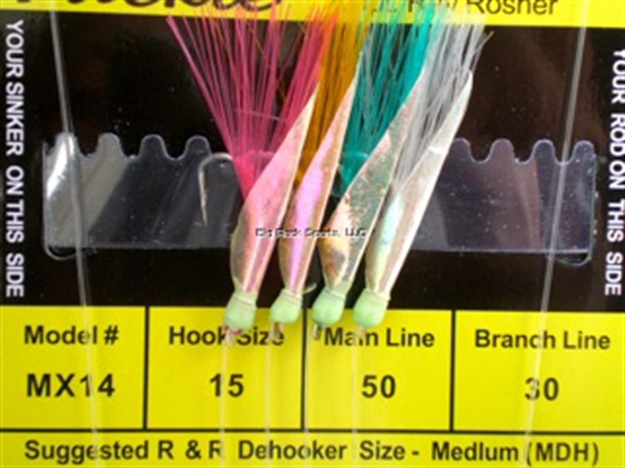 Picture of R&R Sabiki Rig 4Hk Wht/Grn/Yell/Pink W/Fish Skin Grn Head #15 SS Hks 50Lb/30Lb