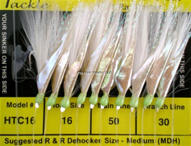 Picture of R&R Sabiki Rig Blue Runner 10Hk Wht Feathers W/Flash Grn GL Heads Size #16 SS Hks 50Lb/30Lb