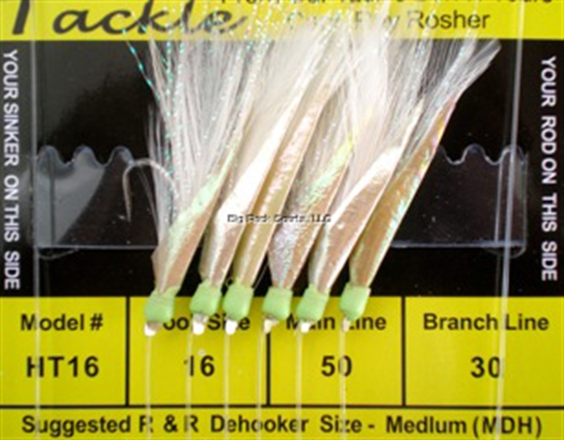 Picture of R&R Sabiki Rig Blue Runner 6Hk Wht Feathers W/Flash Grn GL Heads Size #16 SS Hks 50Lb/30Lb