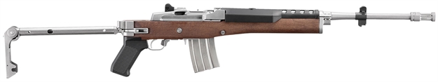 Picture of  Ruger 5895 Mini-14  223 Rem/5.56 Nato 20+1 18.50" Matte Stainless Threaded Barrel, Matte Stainless Picatinny Rail  Receiver, Walnut/Stainless Wood Side Folding Side Folding Stock, Black Polymer Grip
