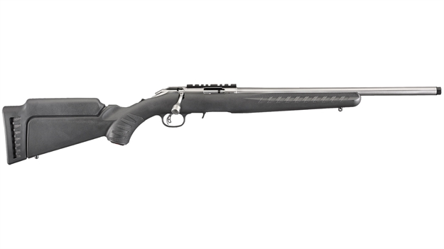 Picture of  Ruger 8353 American Rimfire  Full Size 17 Hmr 9+1 18" Satin Stainless Threaded Barrel, Satin Stainless Scope Rail Receiver,  Black Synthetic Adjustable Stock, Right Hand 736676083534