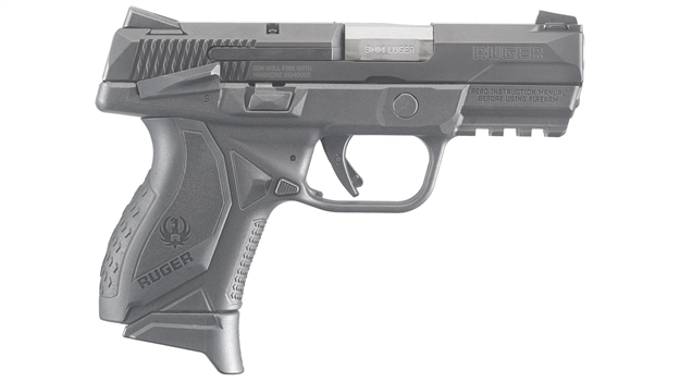 Picture of  Ruger 8639 American  Compact 9Mm Luger 17+1 3.55" Stainless Steel Barrel, Black Nitride Serrated Stainless Steel Slide, Black Polymer Frame W/Picatinny Rail, Textured Wraparound Grip, Right Hand 736676086399