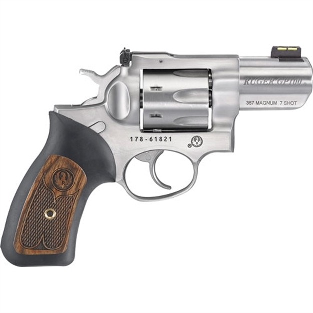 Picture of  Ruger 1774 Gp100  Small Frame 357 Mag 7 Shot, 2.50" Satin Stainless Steel Barrel, Satin Stainless Cylinder, Satin Stainless Steel Frame, Black Rubber W/Wood Insert Grip, Exposed Hammer