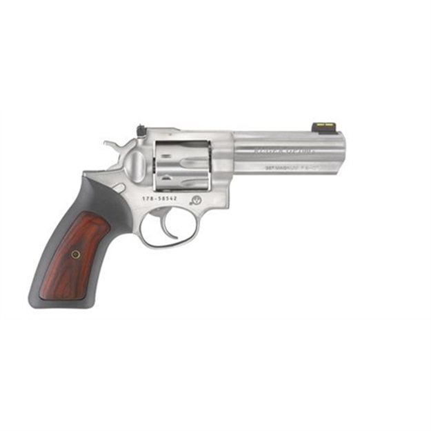 Picture of  Ruger 1771 Gp100  357 Mag 7 Shot, 4.20" Satin Stainless Steel Barrel, Satin Stainless Cylinder, Satin Stainless Steel Frame, Black Rubber W/Wood Insert Grip, Exposed Hammer