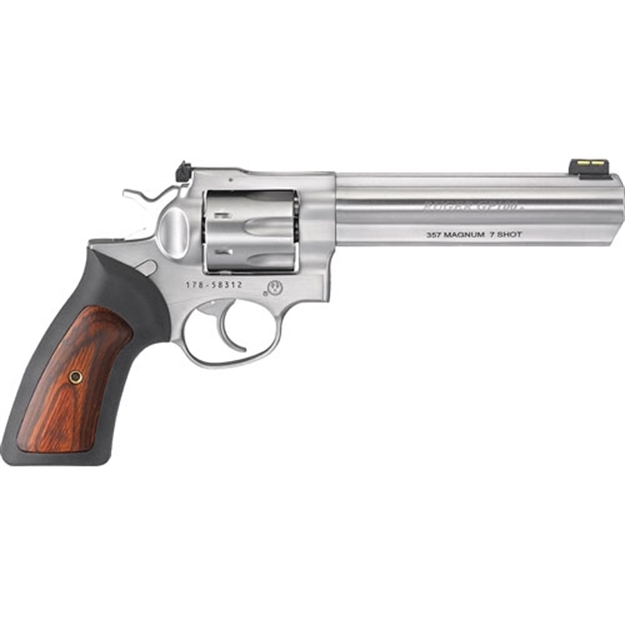 Picture of  Ruger 1773 Gp100  357 Mag 7 Shot, 6" Satin Stainless Steel Barrel, Satin Stainless Cylinder, Satin Stainless Steel Frame, Black Rubber W/Wood Insert Grip, Exposed Hammer