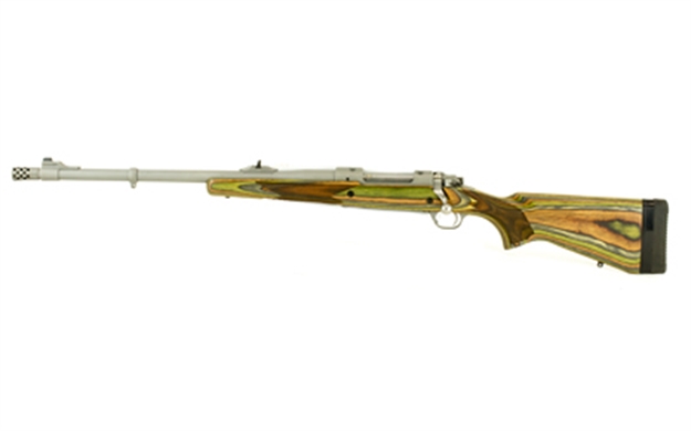 Picture of  Ruger 47124 Hawkeye Guide Gun 375 Ruger 3+1 20" Matte Stainless Threaded Barrel, Matte Stainless Stainless Steel Receiver W/Integral Scope Mount, Green Mountain Adj Lop Laminate Stock, Left Hand