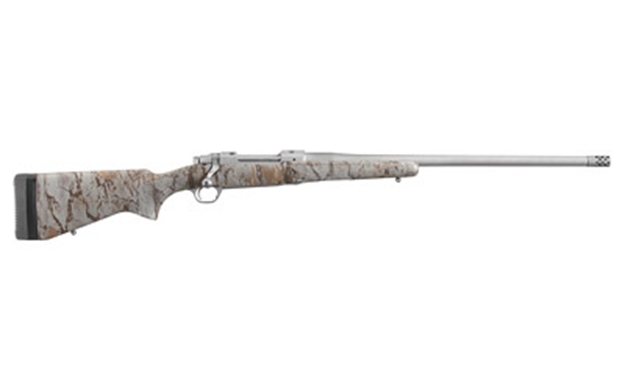 Picture of  Ruger 47170 Hawkeye Ftw Hunter 6.5 Creedmoor 4+1 24" Removeable Muzzle Brake Barrel, Hawkeye Matte Stainless Steel, Natural Gear Camo Hardwood Stock, Optics Ready