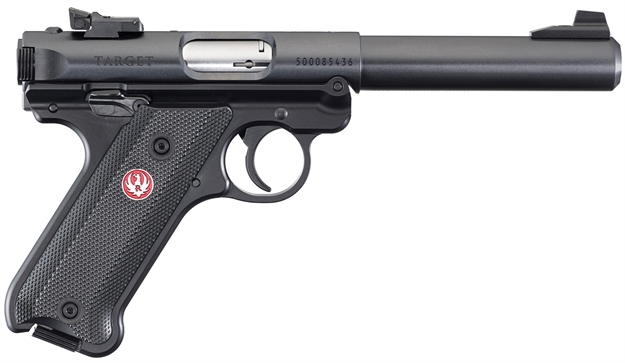 Picture of  Ruger 40183 Mark IV Target *Ca Compliant 22 LR 10+1 5.50" Blued Bull Barrel, Blued Aluminum Frame, Black Checkered Polymer Grip, Right Hand 736676401833