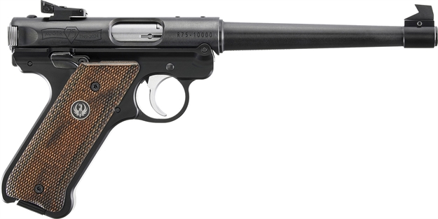 Picture of  Ruger 40175 Mark IV 75Th Anniversary Target 22 LR 10+1 6.88" Stainless Tapered Target Barrel, Blued Aluminum Frame, Drilled & Tapped, Checkered Wood Laminate Grip, Ambidextrous