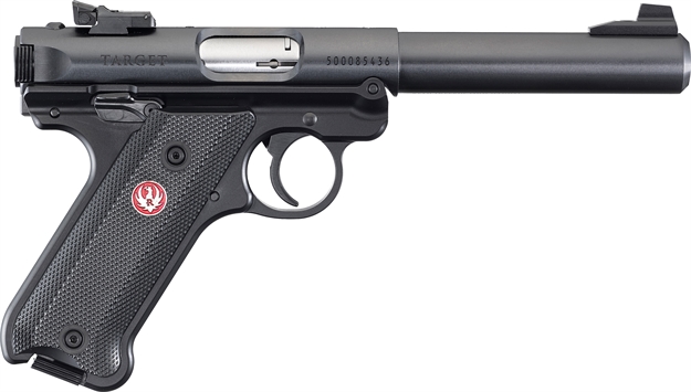 Picture of  Ruger 40183 Mark IV Target *Ca Compliant 22 LR 10+1 5.50" Blued Bull Barrel, Blued Aluminum Frame, Black Checkered Polymer Grip, Right Hand 736676401833