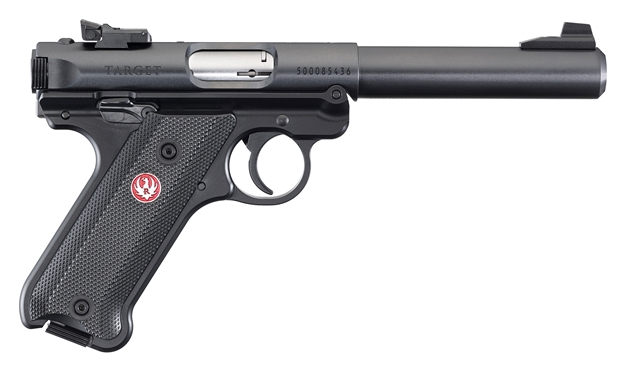 Picture of  Ruger 40183 Mark IV Target *Ca Compliant 22 LR 10+1 5.50" Blued Bull Barrel, Blued Aluminum Frame, Black Checkered Polymer Grip, Right Hand 736676401833