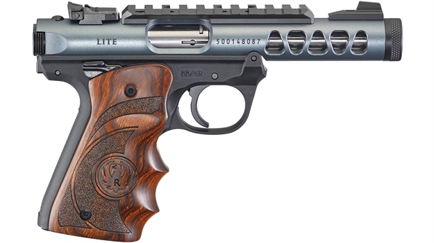Picture of  Ruger 43921 Mark IV 22/45 *Ma Compliant 22 LR 10+1 4.40" Satin Stainless Steel Barrel, Diamond Gray Anodized Ventilated Aluminum W/Picatinny Rail Slide, Polymer Frame, Contoured Wood Laminate Grip