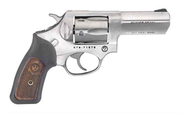Picture of  Ruger 5784 Sp101  327 Federal Mag  3" Barrel 6Rd Triple-Locking Cylinder, Satin Stainless Steel, Cushioned Rubber With Engraved Wood Insert Grip, Transfer Bar Safety 736676057849