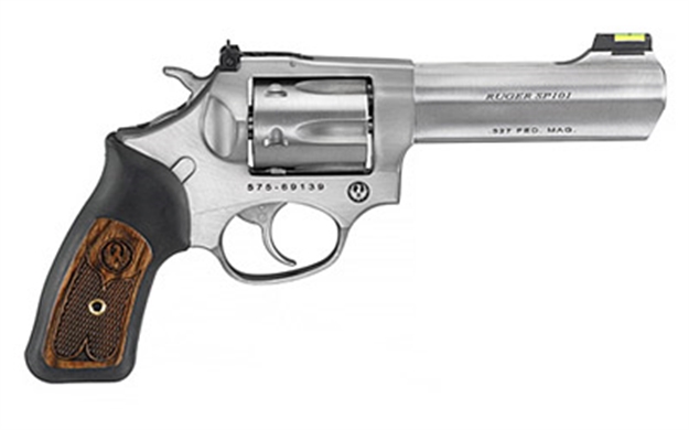 Picture of  Ruger 5773 Sp101  Small Frame 327 Federal Mag 6Rd, 4.20" Satin Stainless Steel Barrel, Cylinder & Frame, Black Rubber W/Wood Insert Grip, Exposed Hammer, Transfer Bar Safety