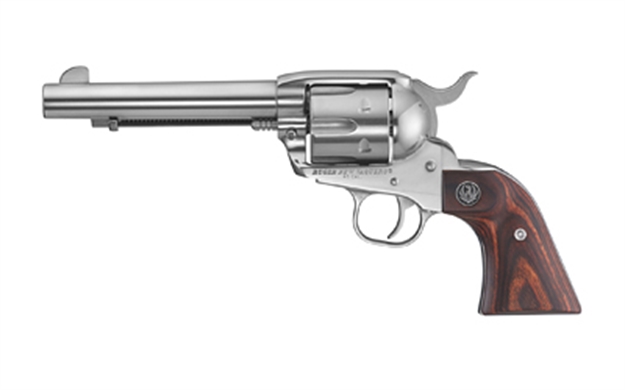 Picture of  Ruger 5104 Vaquero  Medium Frame 45 Colt (Long Colt) 6Rd 5.50" High Gloss Stainless Steel Barrel, Cylinder & Frame, Hardwood Grip, Transfer Bar Safety, Exposed Hammer 736676051045