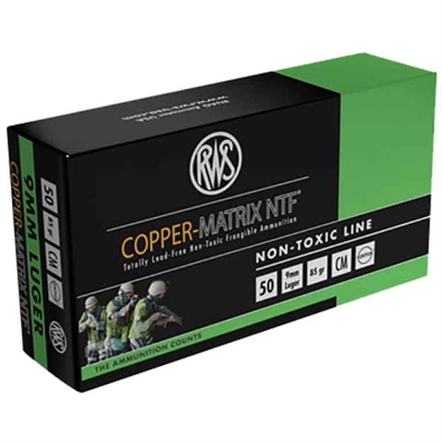 Picture of 290040050 Ntf Rws Copper-Matrix 
9Mm Luger 85 GR Non-Tox Frangible 50 Bx/10 CS