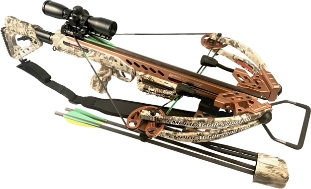 Picture of SA Sports Empire Aggressor 390 185-Lb Compound Crossbow Package, W/Scope, Quiver, 3-Carbon 20" Bolts, Cocking Device, Kryptek Camo