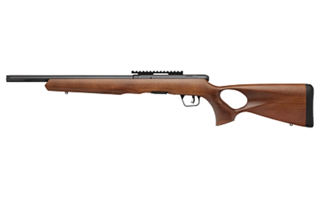 Picture of  Savage Arms 70817 B Series Timber 17 Hmr 10+1 18" Matte Black Threaded Barrel, Matte Black Picatinny Rail Steel Receiver, Woodgrain Fixed Thumbhole Stock