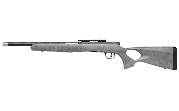 Picture of  Savage Arms 70218 B Series Timberlite 22 LR 10+1 18" Carbon Fiber Threaded Barrel, Matte Black Picatinny Rail Carbon Steel Receiver, Gray W/Black Webbing Fixed Thumbhole Synthetic Stock 062654702181
