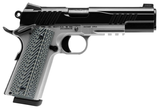 Picture of  Savage Arms 67208 1911 Government 9Mm Luger 10+1 5" Black Stainless Steel Barrel, Black Nitride Serrated Stainless Steel Slide, Stainless Steel Frame W/Picatinny Rail, Black/Gray VZ Grip