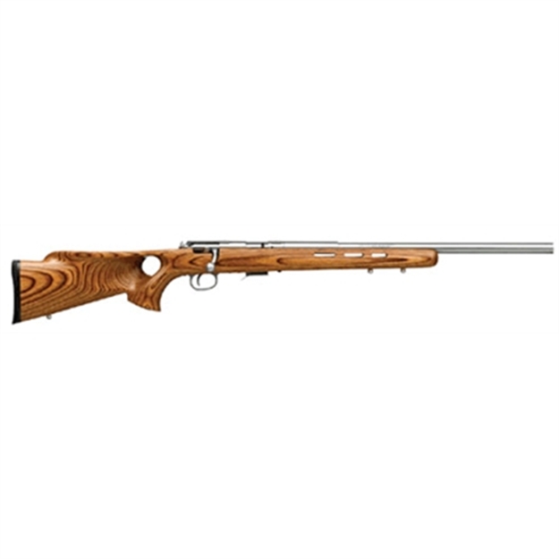 Picture of  Savage Arms 96200 93R17 Btvss Full Size 17 Hmr 5+1 21" Satin Heavy Button Rifled Barrel, Satin Drilled & Tapped Stainless Steel Receiver, Natural Brown Thumbhole Laminate Stock, Right Hand 062654962004
