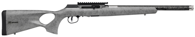 Picture of  Savage Arms 47253 A Series Timberlite 22Lr 10+1 18" Black Threaded Carbon Fiber/Ss Barrel, Black Picatinny Rail Steel Receiver, Gray W/Black Webbing Synthetic Fixed Thumbhole Stock