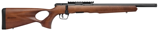 Picture of  Savage Arms 70817 B Series Timber 17 Hmr 10+1 18" Matte Black Threaded Barrel, Matte Black Picatinny Rail Steel Receiver, Woodgrain Fixed Thumbhole Stock 062654708176
