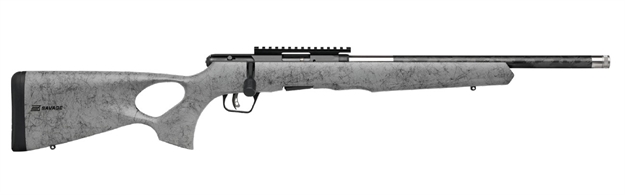 Picture of  Savage Arms 70518 B Series Timberlite 22 Wmr 10+1 18" Carbon Fiber Threaded Barrel, Matte Black Picatinny Rail Carbon Steel Receiver, Gray W/Black Webbing Fixed Thumbhole Synthetic Stock