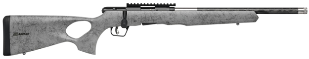 Picture of  Savage Arms 70218 B Series Timberlite 22 LR 10+1 18" Carbon Fiber Threaded Barrel, Matte Black Picatinny Rail Carbon Steel Receiver, Gray W/Black Webbing Fixed Thumbhole Synthetic Stock
