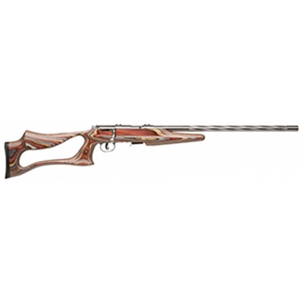 Picture of  Savage Arms 25740 Mark II Bsev Full Size 22 LR 5+1 21" Satin Spiral Fluted Barrel, Satin Drilled & Tapped Stainless Steel Receiver, Royal Jacaranda Thumbhole Laminate Stock, Right Hand