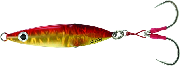 Picture of Savage Gear Squish Erratic Fall Deep Drop Jig 6/0 Hook, Gold/Red, 4 1/8", 100 Grams, Flutter Sinking