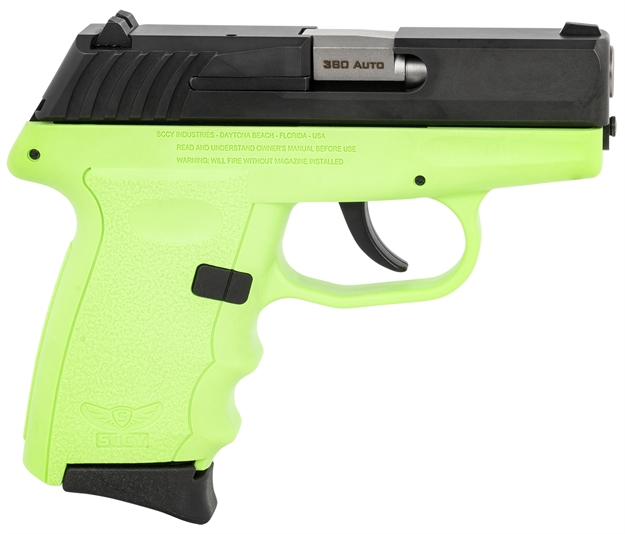 Picture of Sccy Industries Cpx-3Cblg Cpx-3  380 Acp 10+1 3.10" Lime Green Polymer Serrated Black Nitride SS Slide Finger Grooved Lime Green Polymer Grip CPX-3CBLGG3