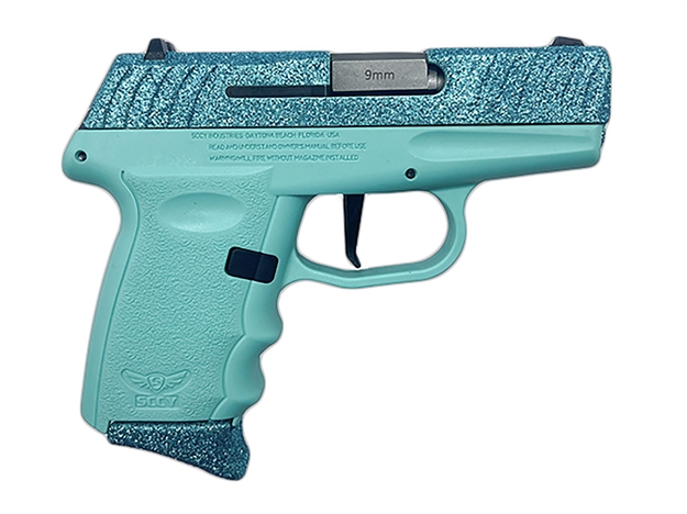 Picture of  Sccy Industries Dvg1cybsb Dvg-1  Sub-Compact Frame 9Mm Luger 10+1 3.10" Stainless Quadlock Barrel Cystal Blue Glitter Optic Ready/Serrated Stainless Steel Slide, Crystal Blue Polymer Frame & Grip