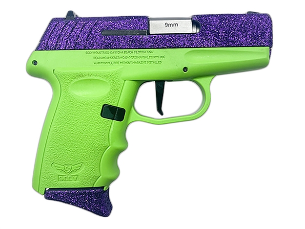 Picture of  Sccy Industries Dvg1dflg Dvg-1  Sub-Compact Frame 9Mm Luger 10+1 3.10" Stainless Quadlock Barrel, Purple Glitter Optic Ready/Serrated Stainless Steel Slide, Lime Green Polymer Frame & Grip