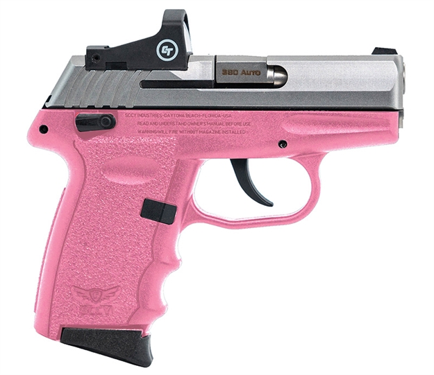 Picture of Sccy Industries Semi-Auto Pistol, 380 Acp, 3.1", Two-Tone, Ss, Pink Grip, Crimson Trace Red Dot Sight, Manuel Safety, 10+1 Rnd