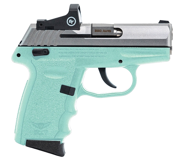 Picture of Sccy Industries Semi-Auto Pistol, 380 Acp, 3.1", Two-Tone, Ss, Sky Blue Grip, Crimson Trace Red Dot Sight, Manuel Safety, 10+1 Rnd