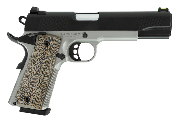 Picture of Tisas 10100803 1911 D10 FO Full Size Frame 10Mm Auto 8+1 5" Hard Chrome Plated Steel Barrel, Black Cerakote Steel Serrated Slide, Stainless Steel Frame W/Beavertail, Black/Tan G10 Grip 1911D10FO