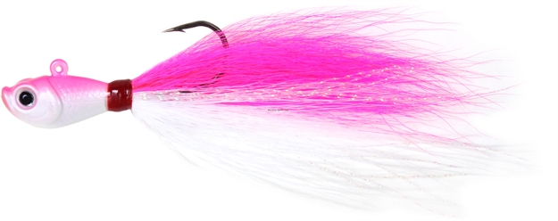 Picture of Sea Striker Bucktail Jig, 1 1/2 Oz, Holographic Eyes, Blk Nickel Hook, Pink/White Head/Pink/White Tail