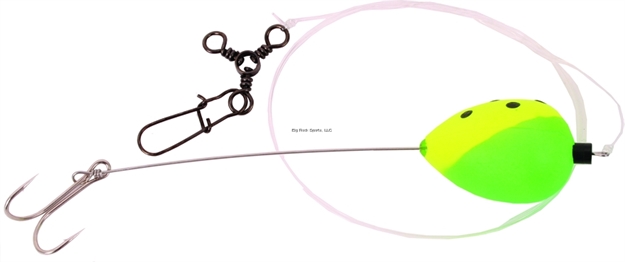 Picture of Sea Striker Deluxe Finger Mullet Rig, Removable 2/0 Double Hook, 1 1/4"  Green/Yellow W/Dots Pear Float