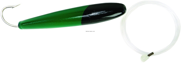 Picture of Sea Striker Rigged Cedar Plug, 6", 10/0 Hook, 8 FT 150 LB Mono Leader, Black/Fluorescent Green