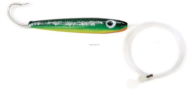 Picture of Sea Striker Rigged Cedar Plug, 6", 10/0 Hook, 8 FT 150 LB Mono Leader, Black/Green/Yellow/Orange