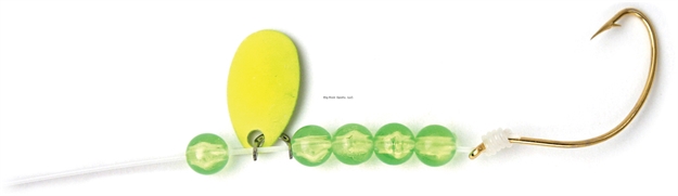 Picture of Sea Striker Snelled Hooks 6Pk Sz2/0 Gold Wide Gap, Chartreuse Beads, 12" Leader