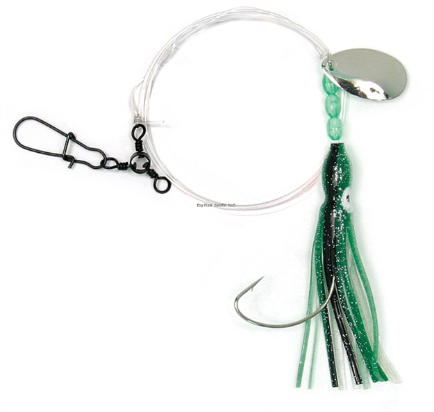 Picture of Sea Striker Squid Skirt Rig With Spinner, 3", 1/0 Wide Gap Hook, 42 IN Leader, Green/Black Stripe