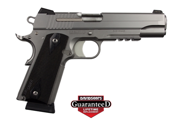 Picture of Sig Sauer 1911R45sssca 1911 Full Size *Ca Compliant 45 Acp Caliber With 5" Barrel, 8+1 Capacity, Overall Stainless Steel Finish, Picatinny Rail/Beavertail Frame, Serrated Slide & Blackwood Grip 1911R-45-SSS-CA 798681437146