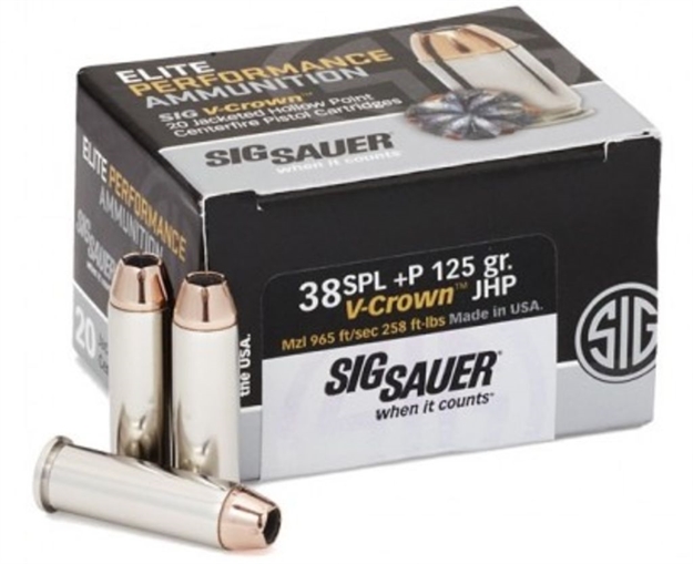 Picture of Sig Sauer Elite V-Crown Performance Pistol Ammo 38 Spl, Jhp, 125 Gr, 900 Fps, 20 Rnd, Boxed E38SP1-20